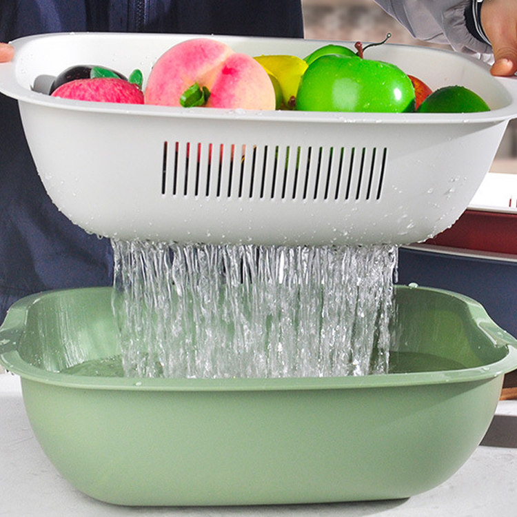 Cesta de lavado de vegetales y frutas de doble capa de plástico para la cocina